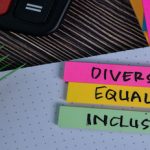 pink yellow and green post it with the words diversity equality and inclusion